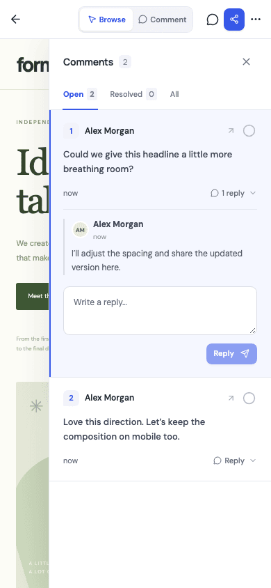 Repère on a phone, with named feedback and reply threads alongside the project.