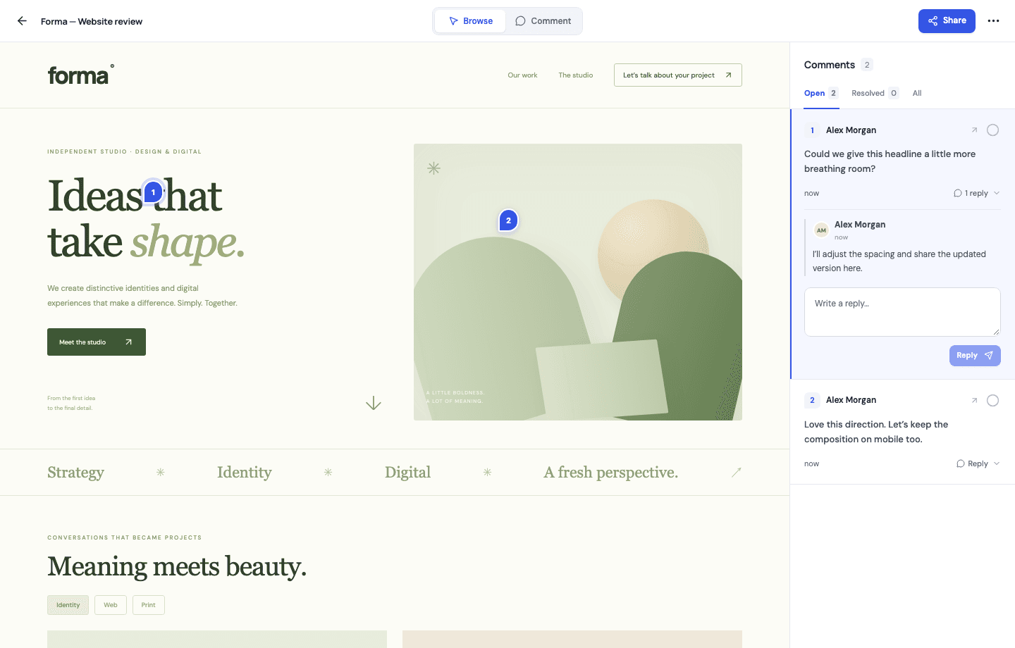 Repère website review: a real website with numbered pins and a comment sidebar.